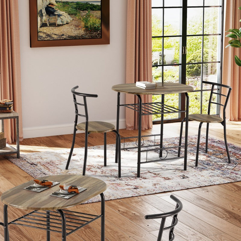 3pcs Dining Table Set for 2, Kitchen Table and Chair Set with Tabletop & PVC Veneer, Compact Dining Table Set with Metal Frame and Built-in Rack, Space-Saving Design for Small Kitchens, Apartments, Breakfast Nook, Drift Brown