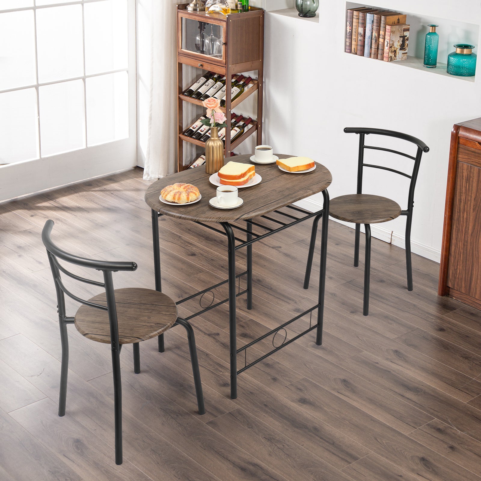 VINGLI 3 Piece Bistro Dining Set, Kitchen Compact Table Breakfast Table, Space-Saving Design Kitchen Wooden Table and 2 Chairs for Small Space\u002FDining Room\u002FApartment,Metal Frame,Wine Rack