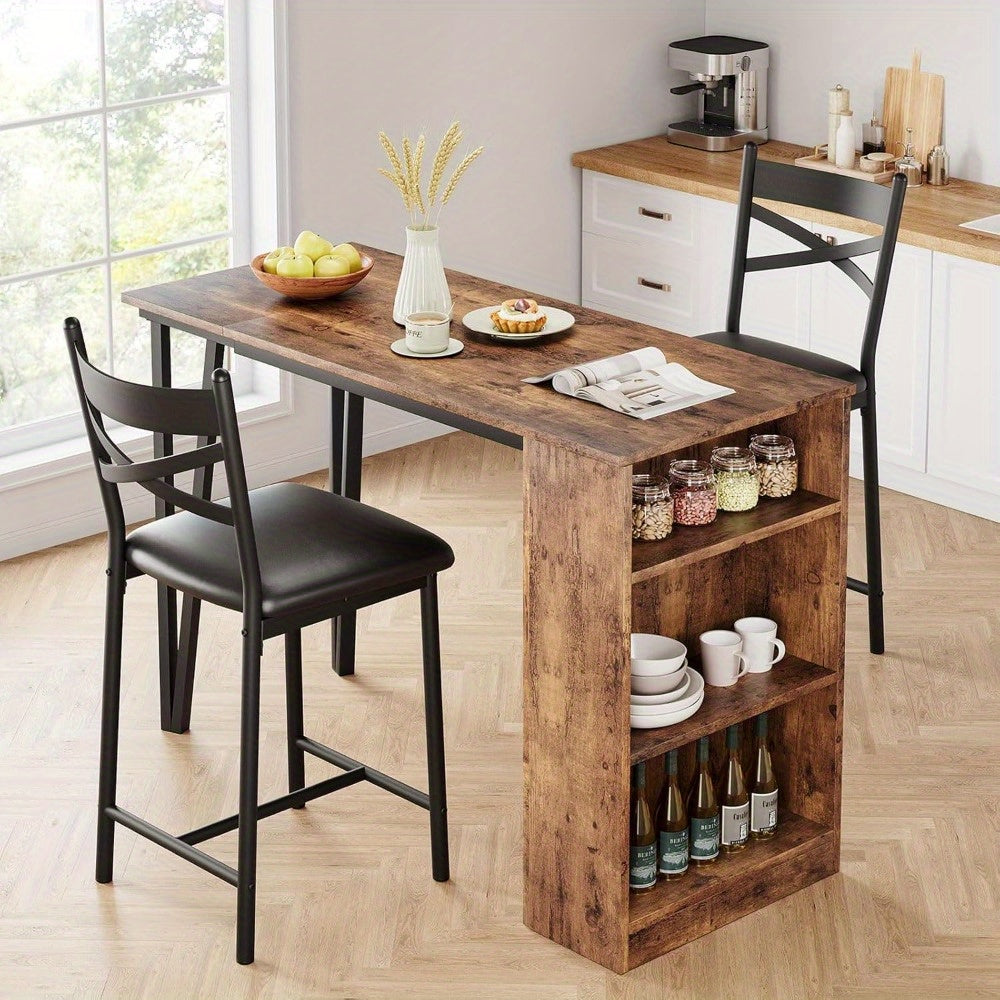Dining Table Set for 2, Kitchen Bar Table and Chairs for 2, Expandable Counter Height Bar Table Set with 3 Storage, Kitchen Table Set with 2 Upholstered Chairs, Rustic Brown