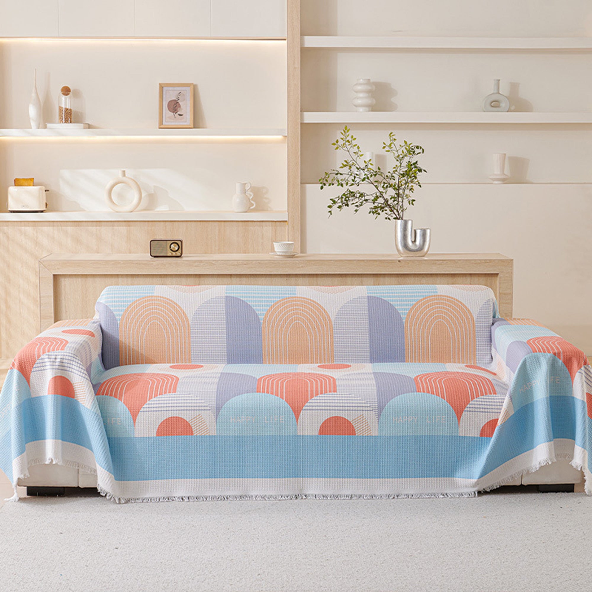 Washable Waffle Sofa Cover with Tassels - Geometric Pattern, Decorative Couch Protector for Pets and Youngsters, Fits Single to Double Seat Sofas, Youngsters Play Cover | Contemporary Sofa Cover | Easycare Fabric