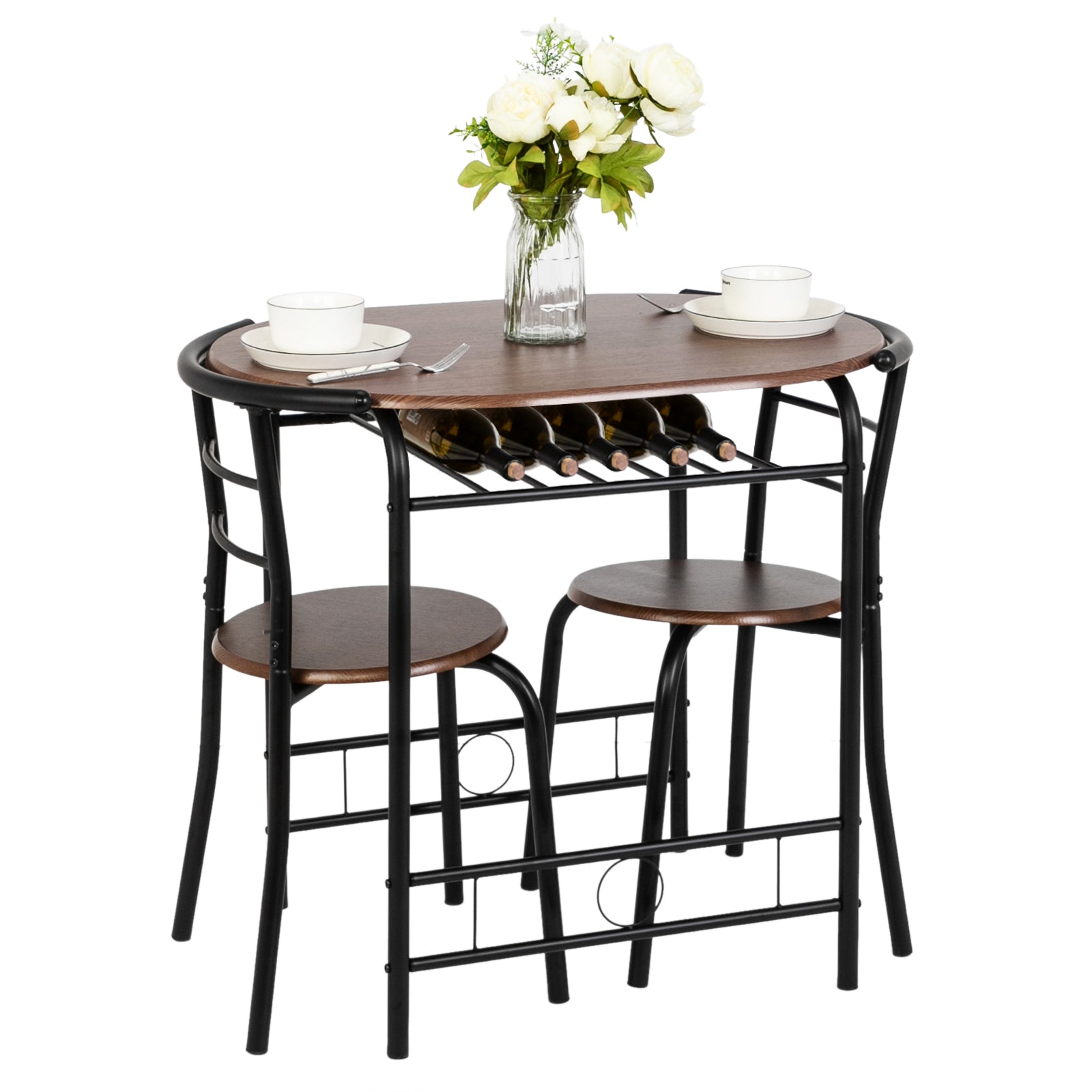 VINGLI 3 Piece Bistro Dining Set, Kitchen Compact Table Breakfast Table, Space-Saving Design Kitchen Wooden Table and 2 Chairs for Small Space\u002FDining Room\u002FApartment,Metal Frame,Wine Rack