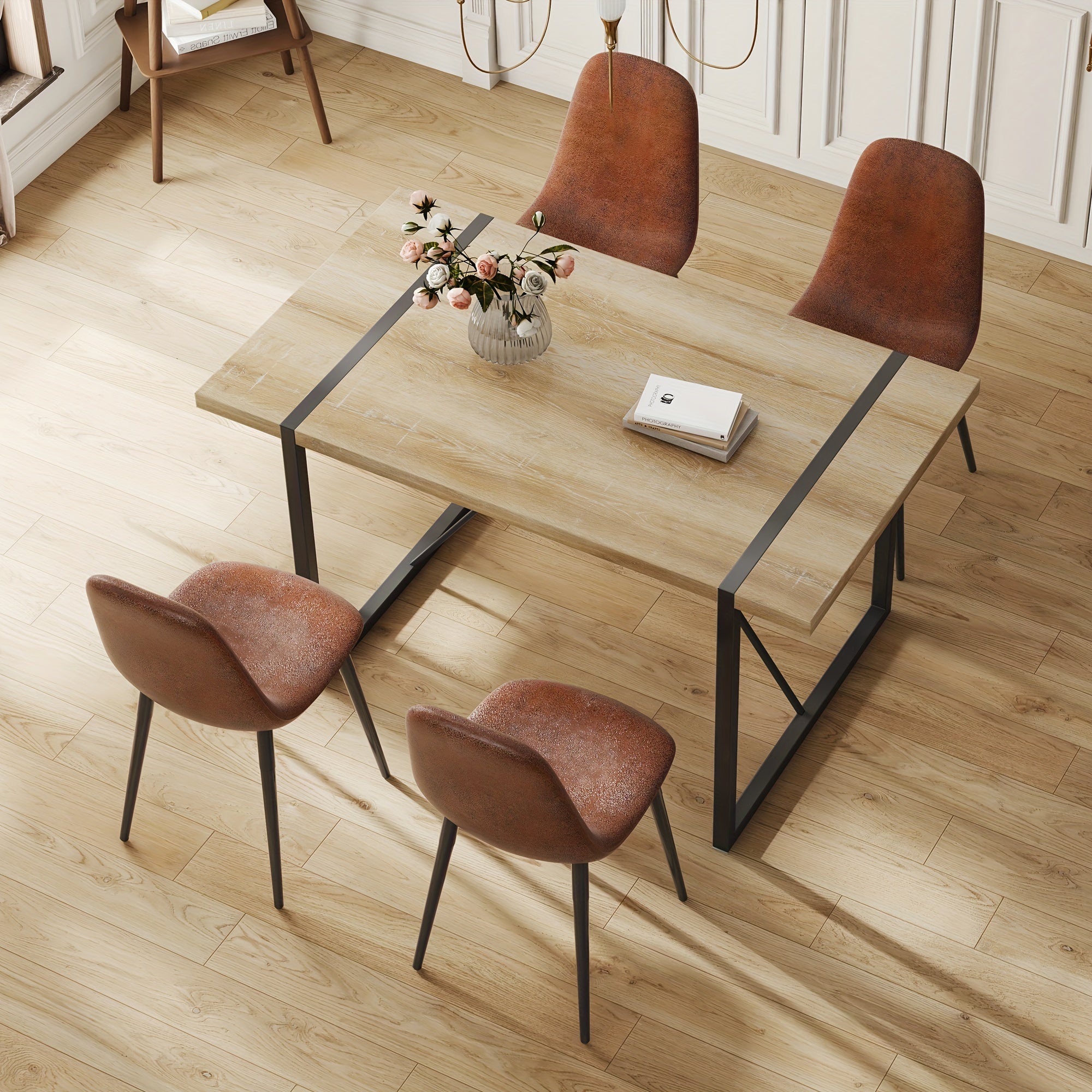 Dining Table Set, Kitchen Table And Chairs Set Of 4, Rustic Brown Table Top Breakfast Table Dining Side Chairs for Kitchen Dining Room, Modern Accent 4 Dining Chairs with Soft Linen Fabric Cushions. Furniture for Home