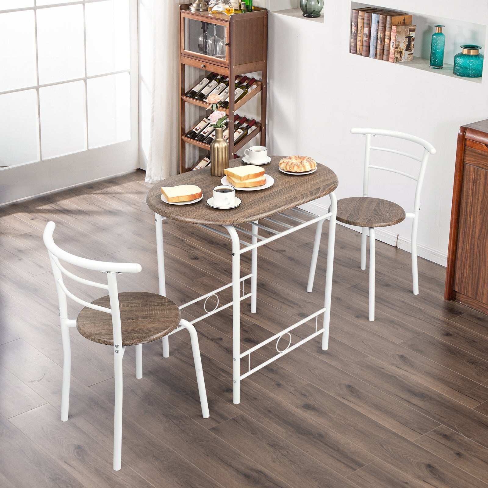 VINGLI 3 Piece Bistro Dining Set, Kitchen Compact Table Breakfast Table, Space-Saving Design Kitchen Wooden Table and 2 Chairs for Small Space\u002FDining Room\u002FApartment,Metal Frame,Wine Rack