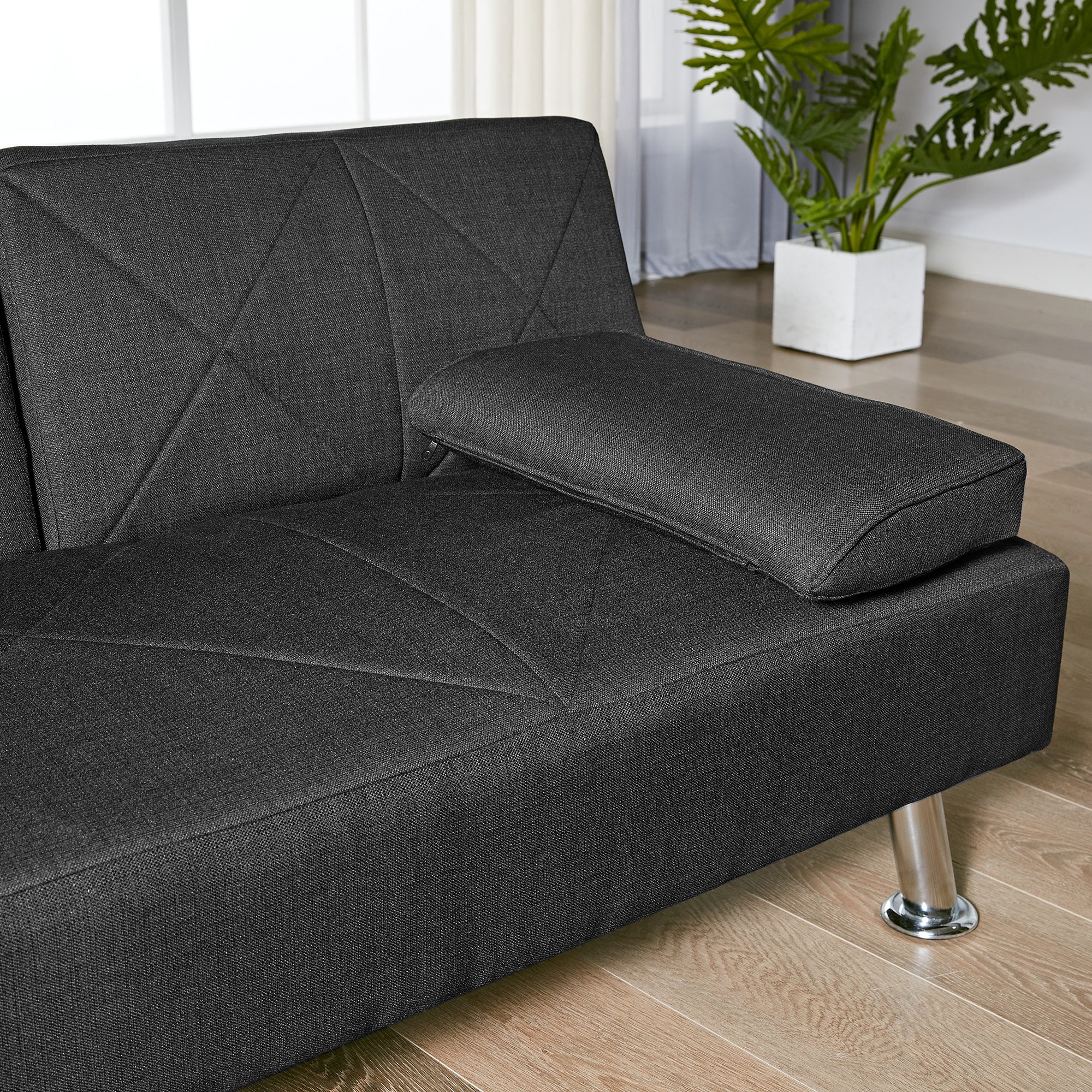 Modern Convertible Folding Futon Sofa Bed with Removable Armrests, Breathable Linen Sofa with 2 Cup Holders for Living Room