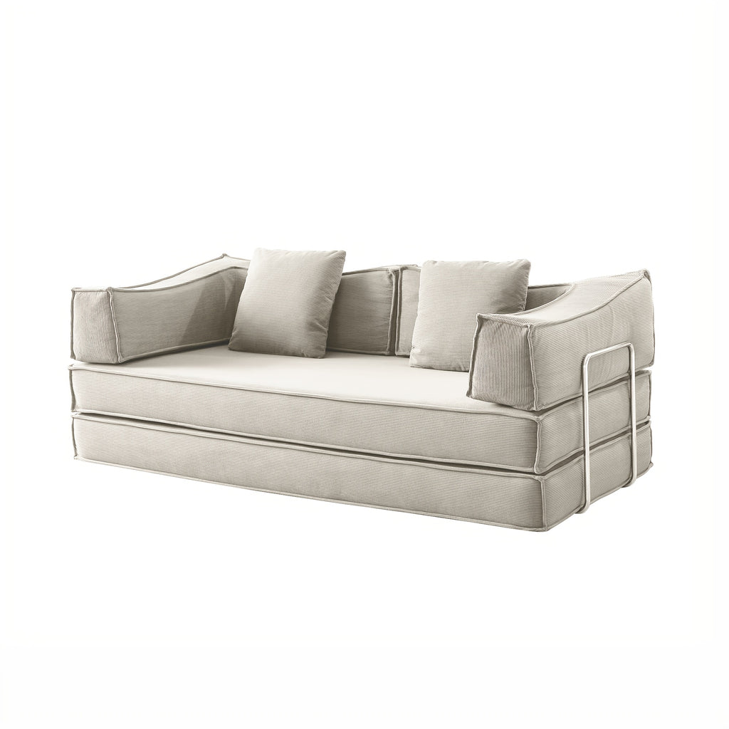Collapsible Three-Seater Fabric Sofa Bed with Square Armrests, Modular Compressed Living Room Sofa Set, Retro Plush Chenille Casual Chair Sofa, Lazy Sofa, Bedroom Mattress Sleeping Couch, Light Gray, Caramel, Beige
