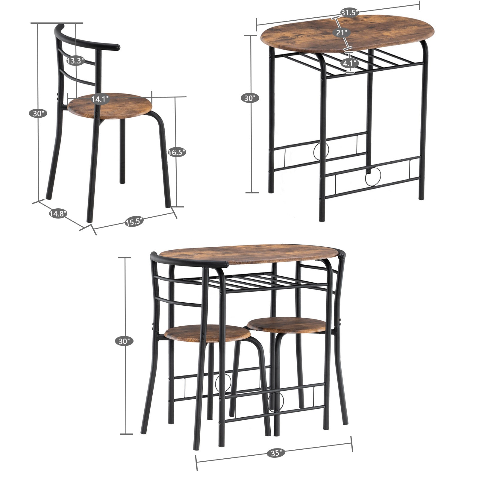 3-piece Dining Table Set, Small Dining Table and Chairs, Breakfast Table and Chair Set for Small Kitchen, Studio, Living Room, Bedroom, Oval Tabletop