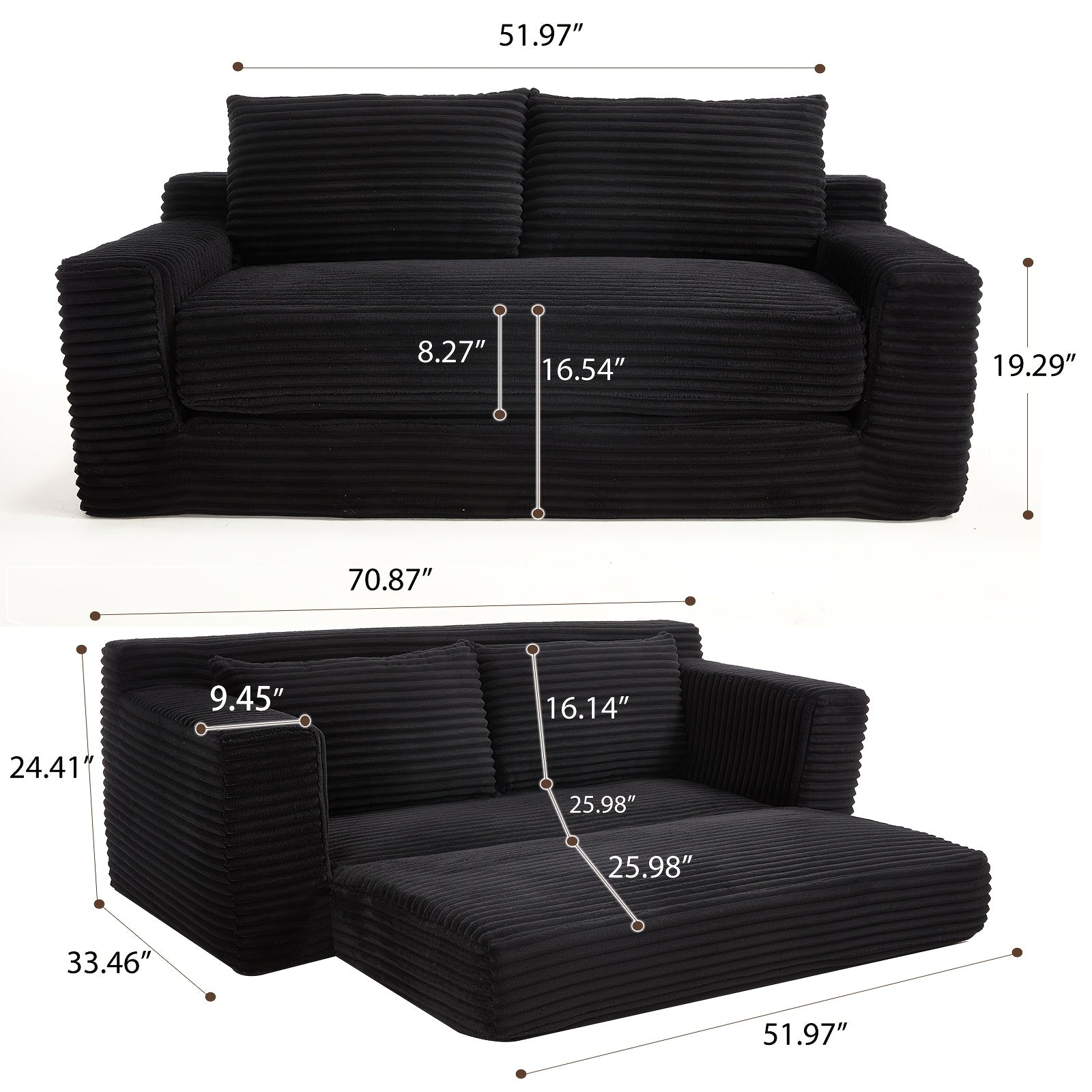 Loveseat Sofa Bed With Memory Foam & Steel Frame - No Assembly, Convertible 2-in-1 Design, Corduroy Fabric - Compact Couch For Small Spaces, Apartments, Home Office & Bedroom