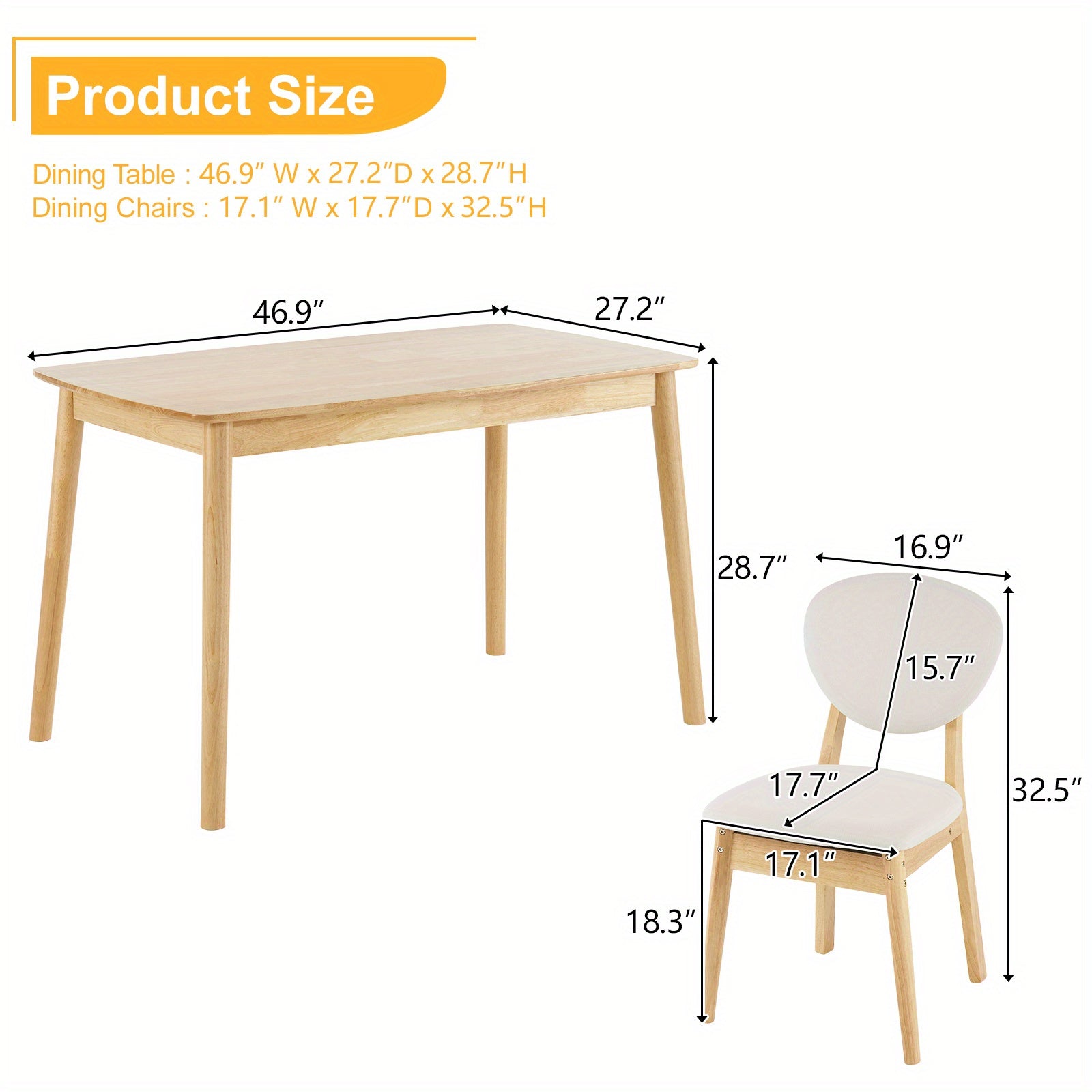 Elegant Home 5pcs Modern Dining Set, Solid Wood Rectangular Table with 4 Upholstered Chairs, Durable Dining Room Furniture for Home & Restaurant
