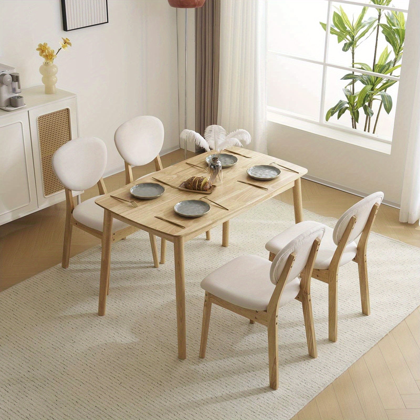 Elegant Home 5pcs Modern Dining Set, Solid Wood Rectangular Table with 4 Upholstered Chairs, Durable Dining Room Furniture for Home & Restaurant