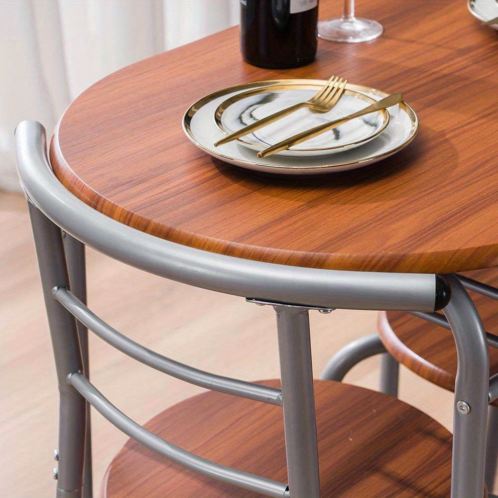 3pcs Dining Table Set Room Round Table And Chair Set, Space Saving Kitchen Breakfast Bistro Pub Table With 2 Chairs, Brown And Silver
