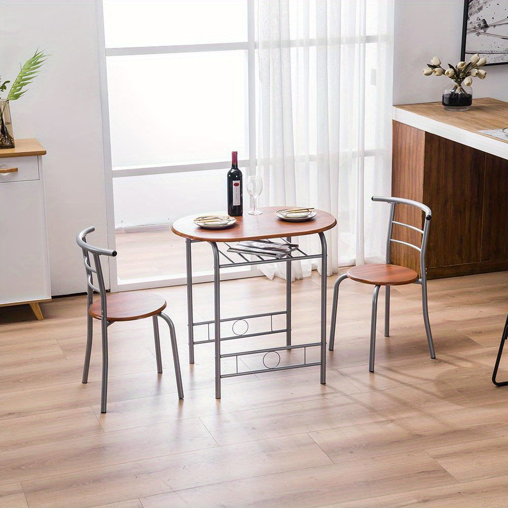 3pcs Dining Table Set Room Round Table And Chair Set, Space Saving Kitchen Breakfast Bistro Pub Table With 2 Chairs, Brown And Silver