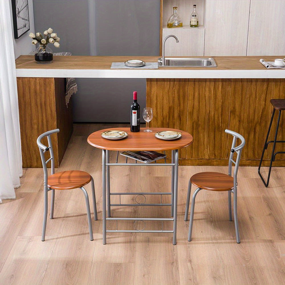 3pcs Dining Table Set Room Round Table And Chair Set, Space Saving Kitchen Breakfast Bistro Pub Table With 2 Chairs, Brown And Silver