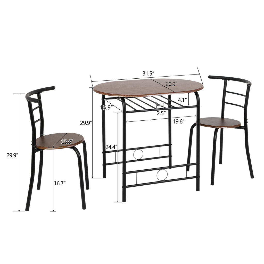 VINGLI 3 Piece Bistro Dining Set, Kitchen Compact Table Breakfast Table, Space-Saving Design Kitchen Wooden Table and 2 Chairs for Small Space\u002FDining Room\u002FApartment,Metal Frame,Wine Rack