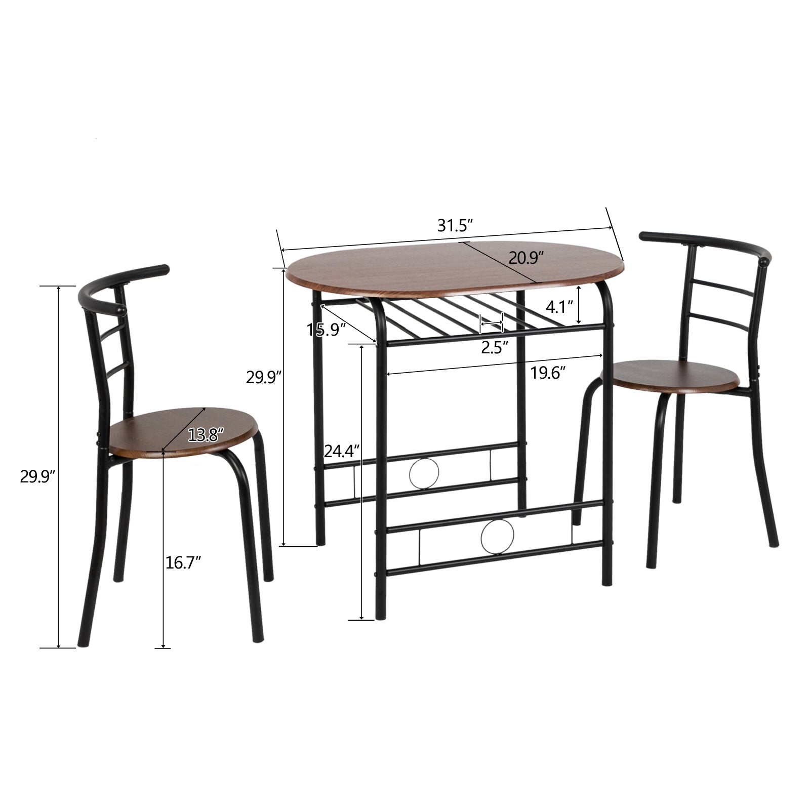 VINGLI 3 Piece Bistro Dining Set, Kitchen Compact Table Breakfast Table, Space-Saving Design Kitchen Wooden Table and 2 Chairs for Small Space\u002FDining Room\u002FApartment,Metal Frame,Wine Rack