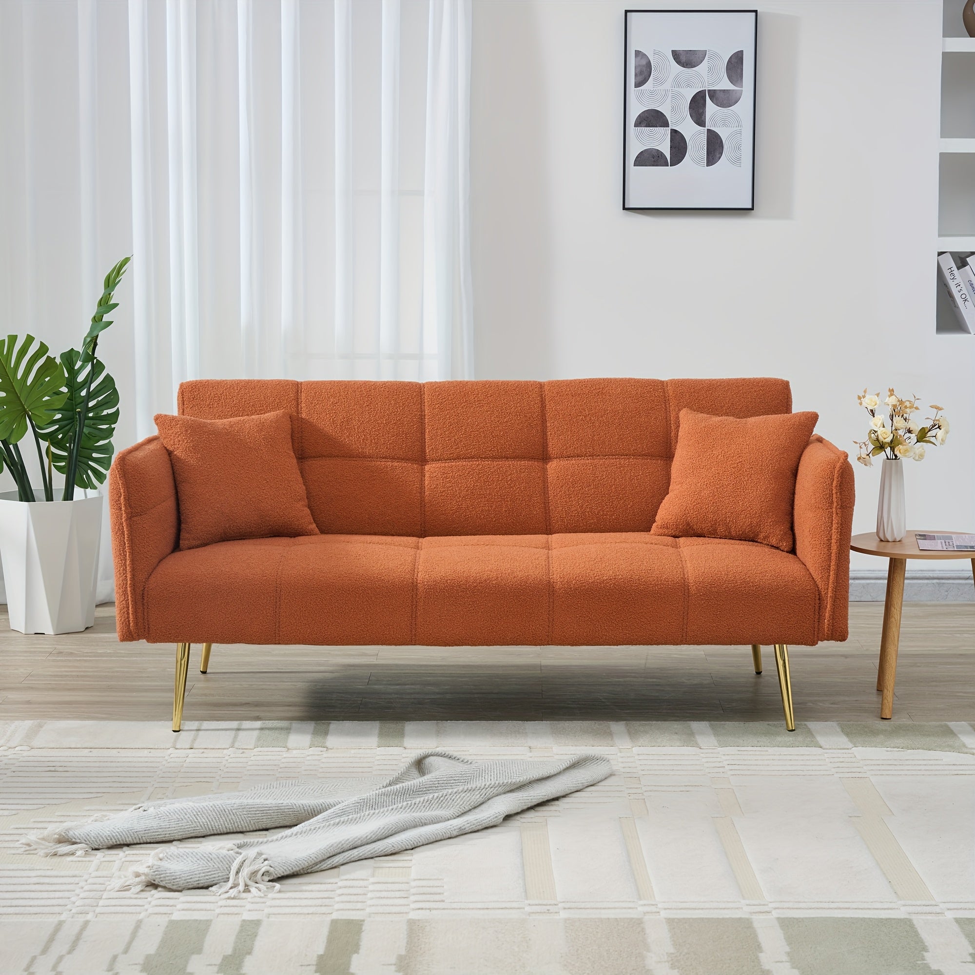 70-inch Teddy Fleece Sofabed, Convertible Futon Sofabed With Adjustable Arms And Backrest