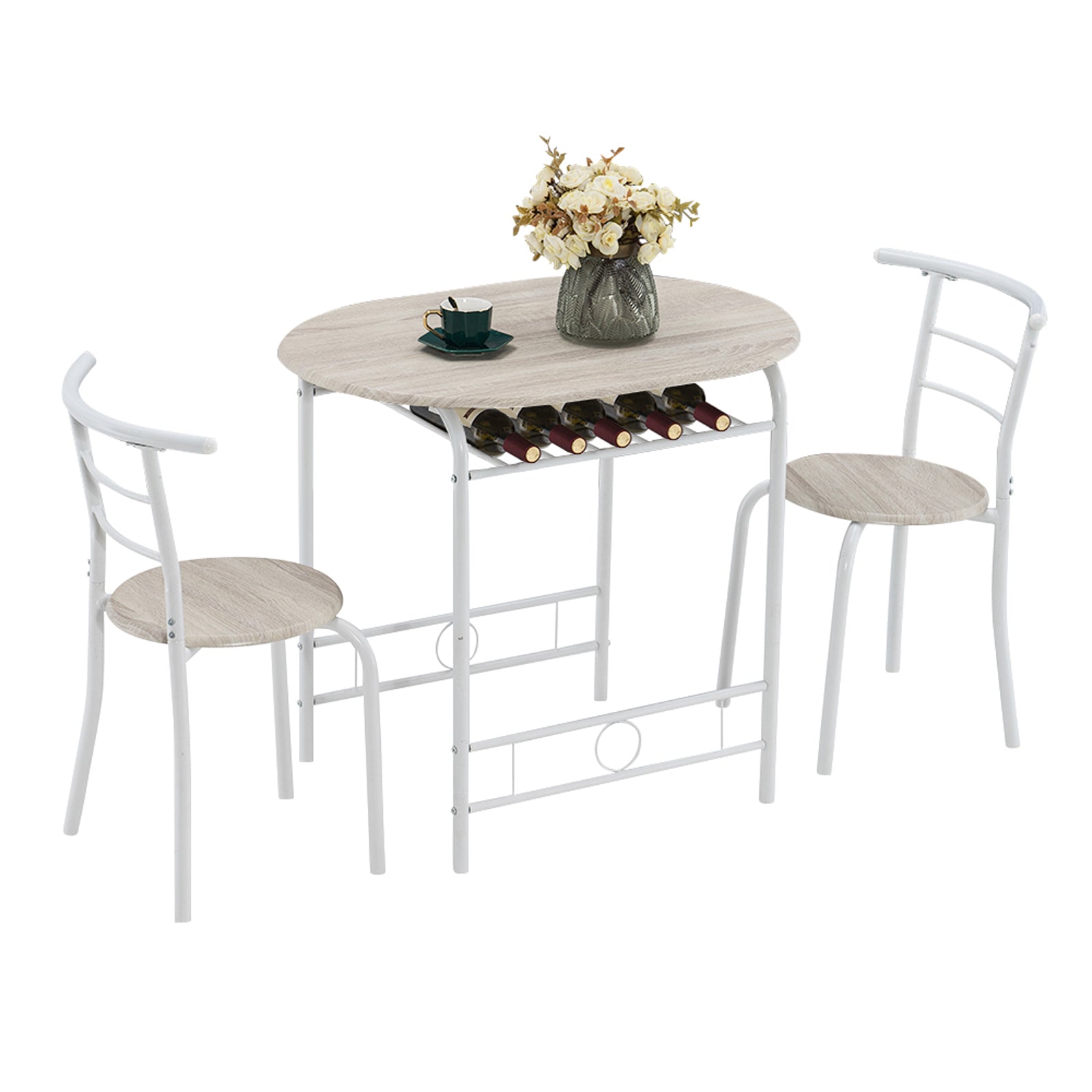 VINGLI 3 Piece Bistro Dining Set, Kitchen Compact Table Breakfast Table, Space-Saving Design Kitchen Wooden Table and 2 Chairs for Small Space\u002FDining Room\u002FApartment,Metal Frame,Wine Rack