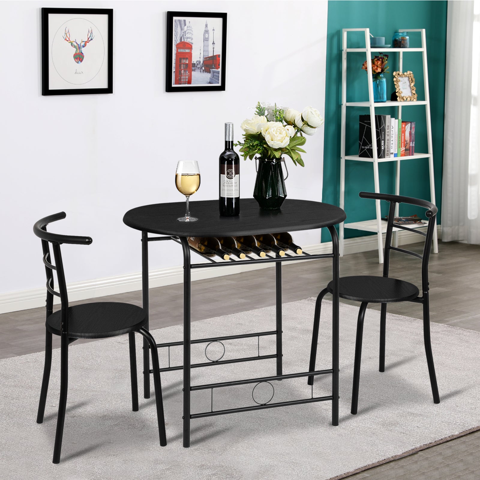 VINGLI 3 Piece Bistro Dining Set, Kitchen Compact Table Breakfast Table, Space-Saving Design Kitchen Wooden Table and 2 Chairs for Small Space\u002FDining Room\u002FApartment,Metal Frame,Wine Rack
