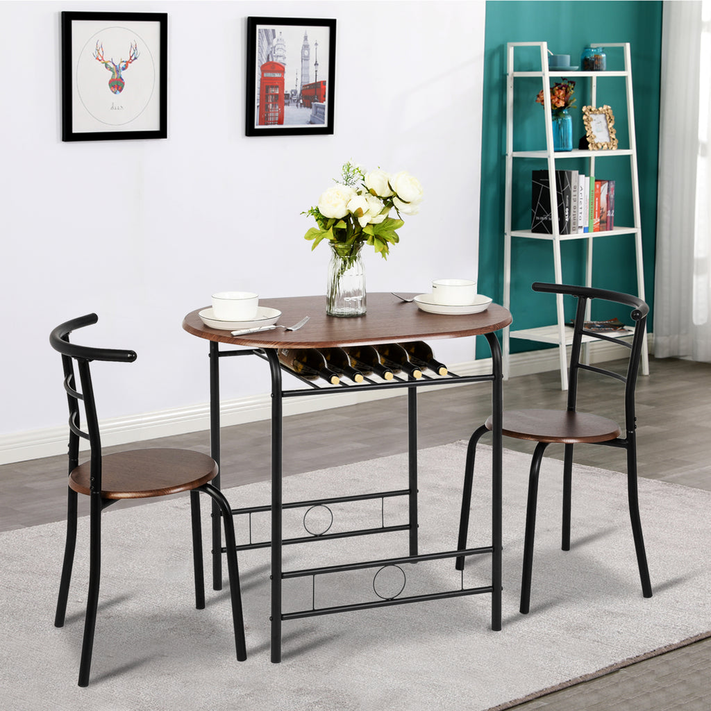 VINGLI 3 Piece Bistro Dining Set, Kitchen Compact Table Breakfast Table, Space-Saving Design Kitchen Wooden Table and 2 Chairs for Small Space\u002FDining Room\u002FApartment,Metal Frame,Wine Rack