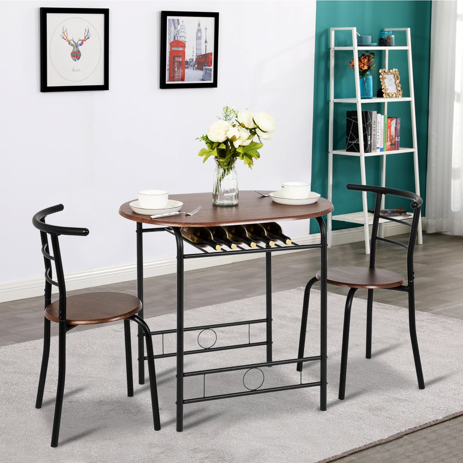 VINGLI 3 Piece Bistro Dining Set, Kitchen Compact Table Breakfast Table, Space-Saving Design Kitchen Wooden Table and 2 Chairs for Small Space\u002FDining Room\u002FApartment,Metal Frame,Wine Rack
