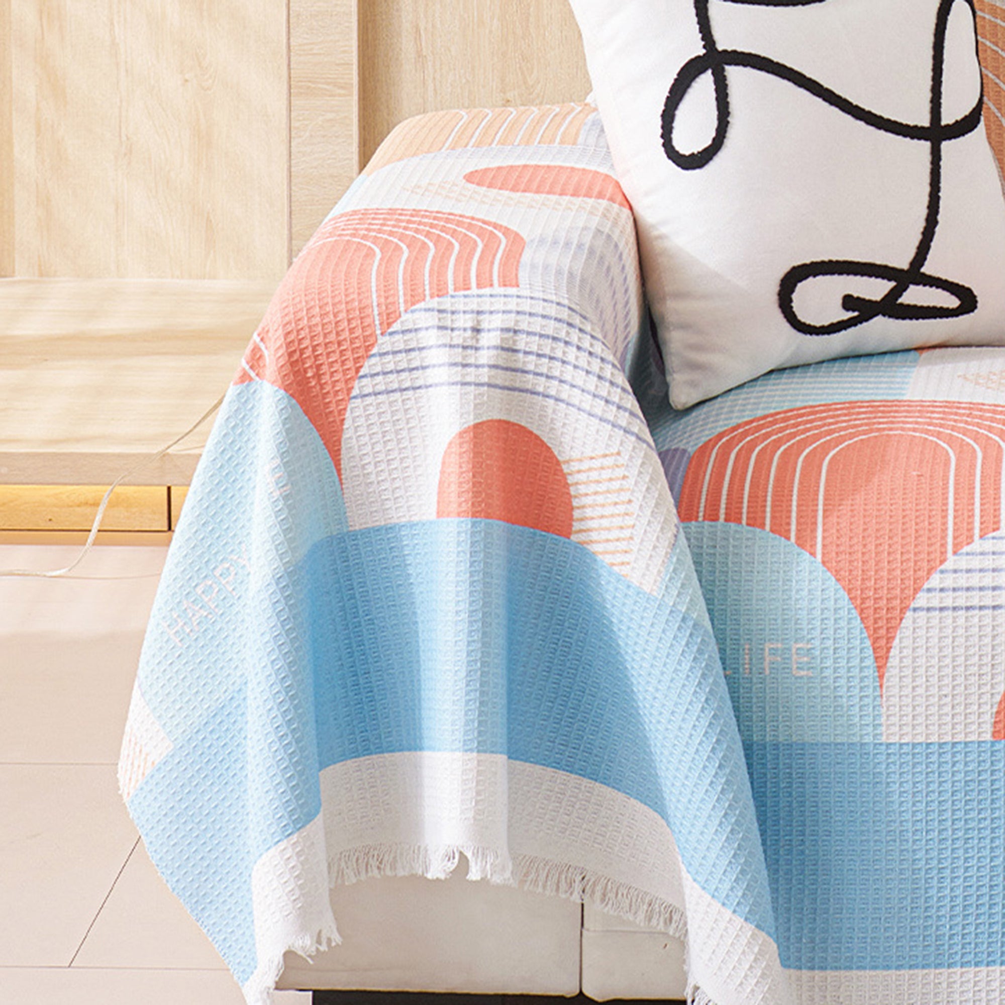 Washable Waffle Sofa Cover with Tassels - Geometric Pattern, Decorative Couch Protector for Pets and Youngsters, Fits Single to Double Seat Sofas, Youngsters Play Cover | Contemporary Sofa Cover | Easycare Fabric