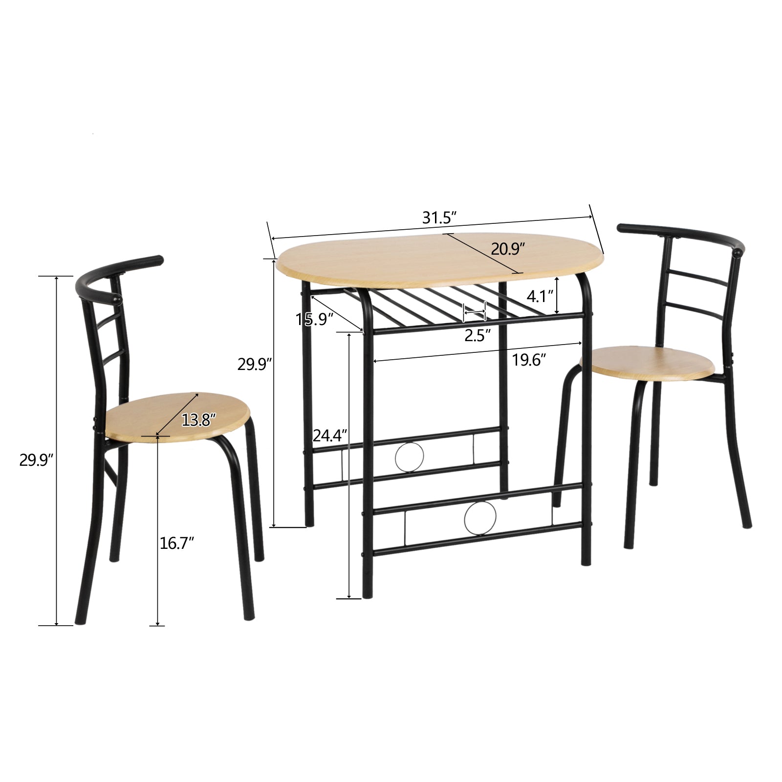 VINGLI 3 Piece Bistro Dining Set, Kitchen Compact Table Breakfast Table, Space-Saving Design Kitchen Wooden Table and 2 Chairs for Small Space\u002FDining Room\u002FApartment,Metal Frame,Wine Rack