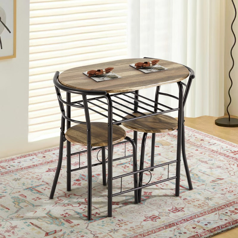 3pcs Dining Table Set for 2, Kitchen Table and Chair Set with Tabletop & PVC Veneer, Compact Dining Table Set with Metal Frame and Built-in Rack, Space-Saving Design for Small Kitchens, Apartments, Breakfast Nook, Drift Brown