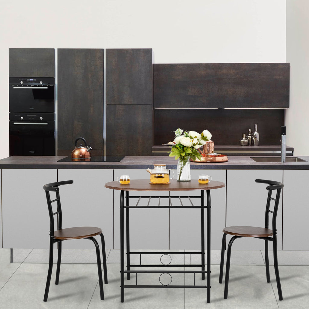 VINGLI 3 Piece Bistro Dining Set, Kitchen Compact Table Breakfast Table, Space-Saving Design Kitchen Wooden Table and 2 Chairs for Small Space\u002FDining Room\u002FApartment,Metal Frame,Wine Rack