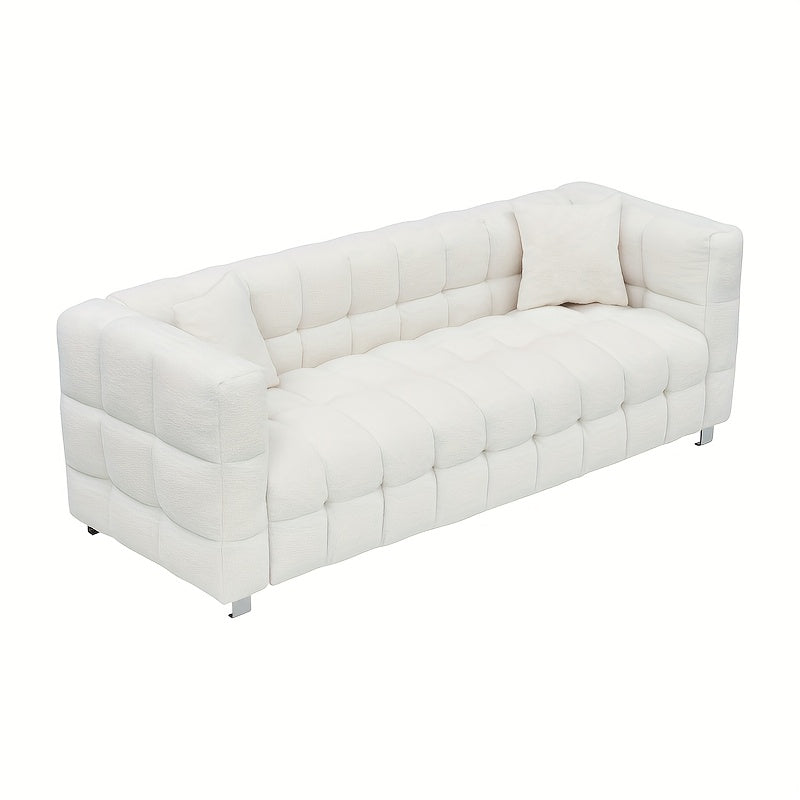 Modern White Plush Teddy Sofa - 80 Inches, Minimalist Design with Two Throw Pillows & Heavy-Duty Hardware Support, Perfect for Living Room or Bedroom, Available in 5 Colors, Comfy Couch