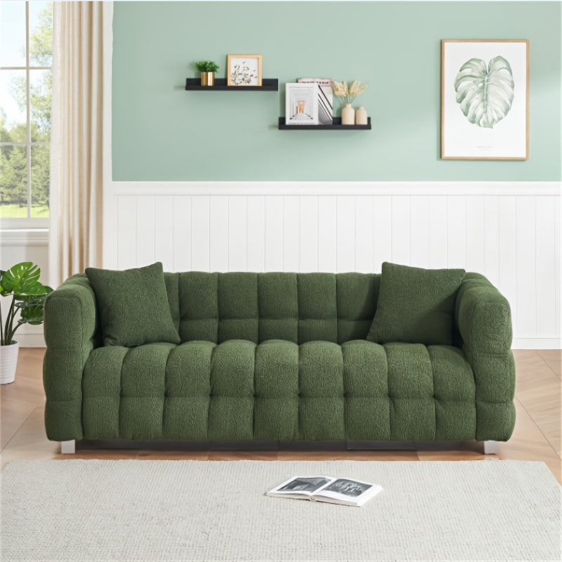 Modern White Plush Teddy Sofa - 80 Inches, Minimalist Design with Two Throw Pillows & Heavy-Duty Hardware Support, Perfect for Living Room or Bedroom, Available in 5 Colors, Comfy Couch