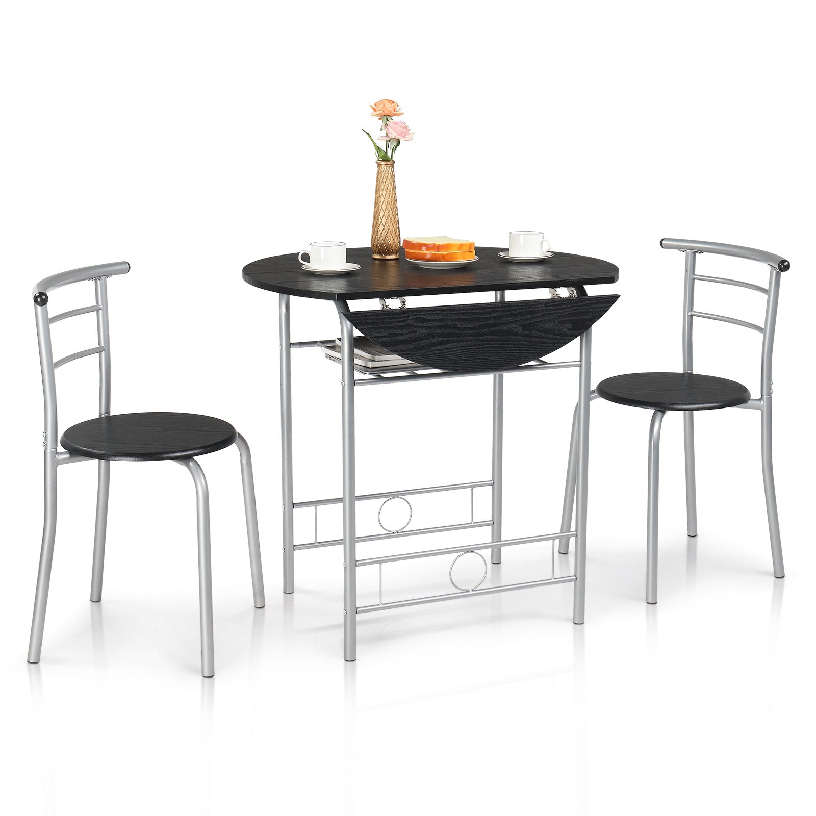 VINGLI 3 Piece Bistro Dining Set, Kitchen Compact Table Breakfast Table, Space-Saving Design Kitchen Wooden Table and 2 Chairs for Small Space\u002FDining Room\u002FApartment,Metal Frame,Wine Rack