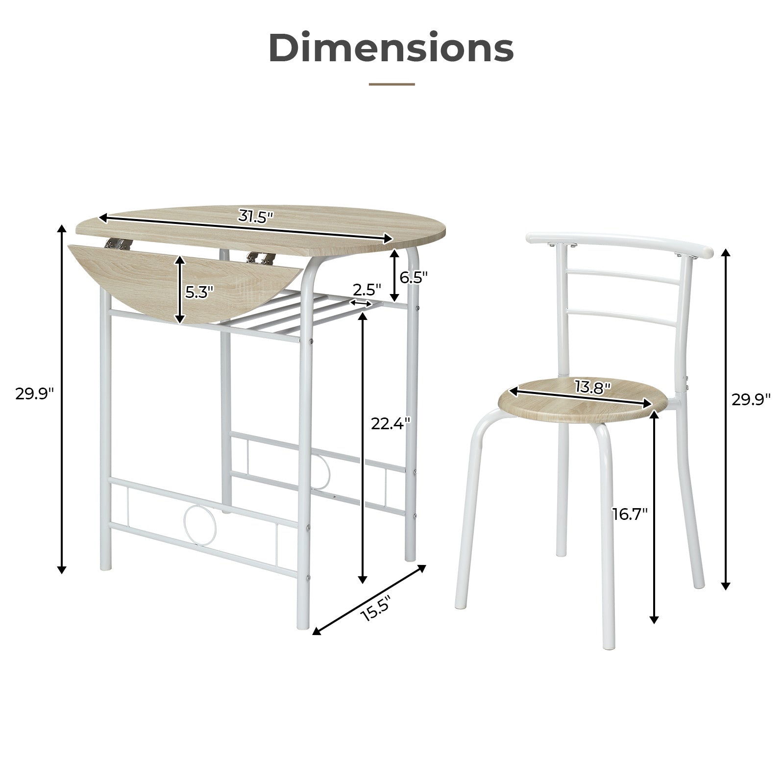 VINGLI 3 Piece Bistro Dining Set, Kitchen Compact Table Breakfast Table, Space-Saving Design Kitchen Wooden Table and 2 Chairs for Small Space\u002FDining Room\u002FApartment,Metal Frame,Wine Rack