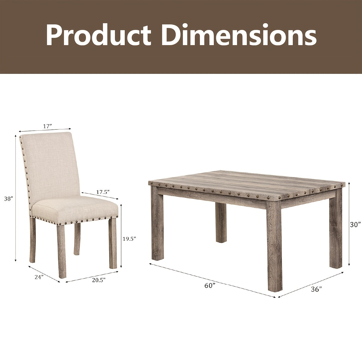 1 Set Morden Fort Farmhouse Dining Table and 4 Upholstered Chairs - Rustic Vintage Hardwood Kitchen Table Set for Family Meals, Memory Foam Cushioned Seating, No Electricity Needed