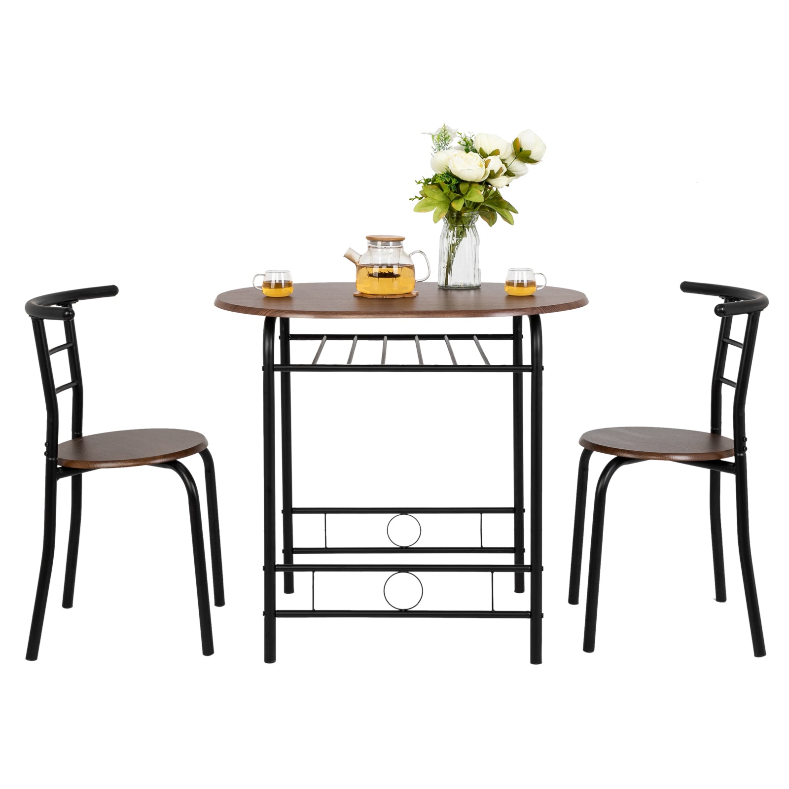 VINGLI 3 Piece Bistro Dining Set, Kitchen Compact Table Breakfast Table, Space-Saving Design Kitchen Wooden Table and 2 Chairs for Small Space\u002FDining Room\u002FApartment,Metal Frame,Wine Rack