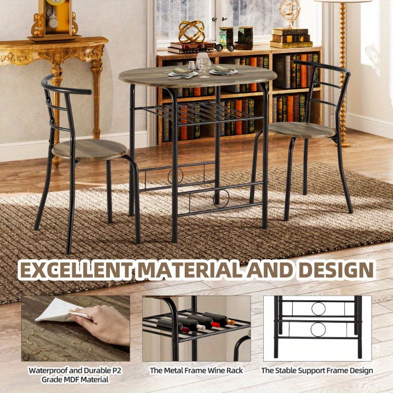 3pcs Dining Table Set, Small Dining Table for 2 with Chairs, Round Table and Chairs, Kitchenette for Small Spaces with Built-in Wine Rack, Space-Saving Design, Drift Brown