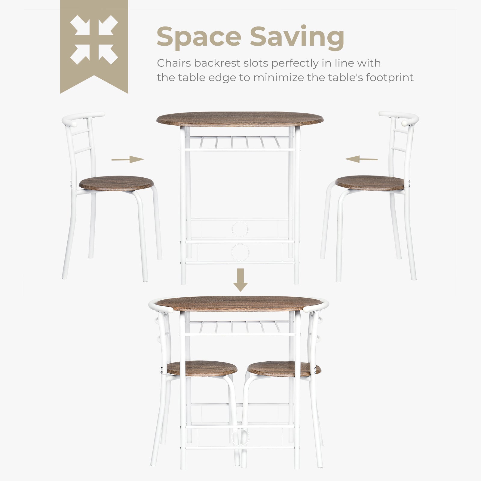 VINGLI 3 Piece Bistro Dining Set, Kitchen Compact Table Breakfast Table, Space-Saving Design Kitchen Wooden Table and 2 Chairs for Small Space\u002FDining Room\u002FApartment,Metal Frame,Wine Rack