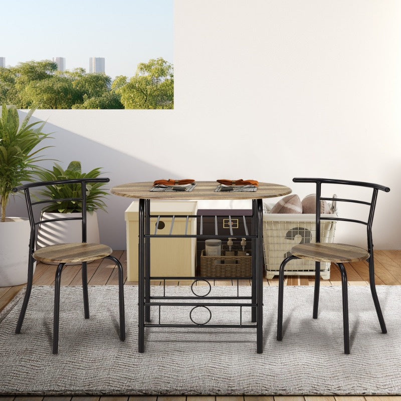 3pcs Dining Table Set for 2, Kitchen Table and Chair Set with Tabletop & PVC Veneer, Compact Dining Table Set with Metal Frame and Built-in Rack, Space-Saving Design for Small Kitchens, Apartments, Breakfast Nook, Drift Brown