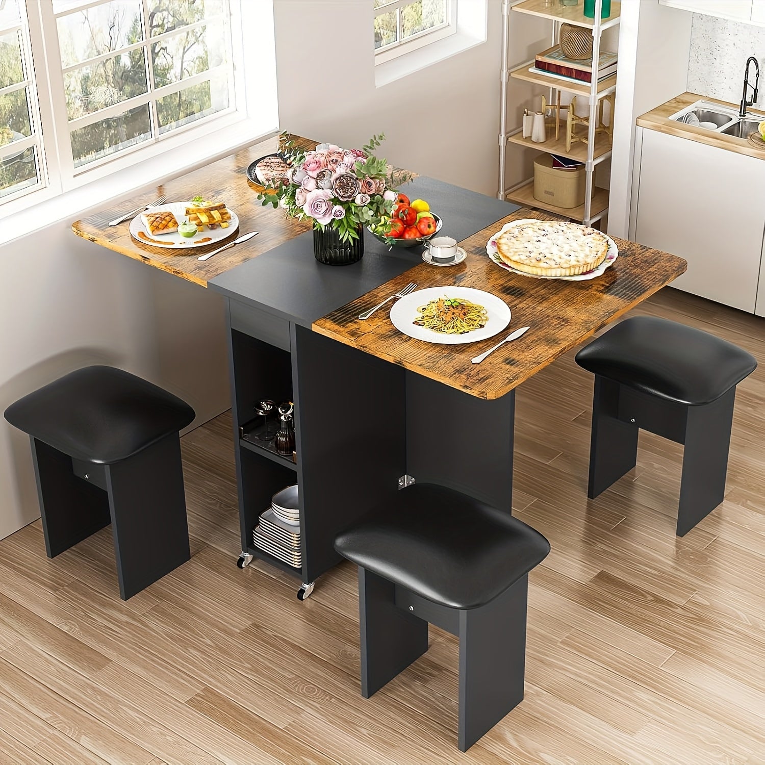 Dining Room Table And Chairs Set For 4, Modern 5pcs Dining Table Set With 2-Tier Storage Cabinet Foldable Dining Table & 4 Faux Leather Square Chairs, Space-Saving Kitchen Dining Table Set For Kitchen, Dining Room