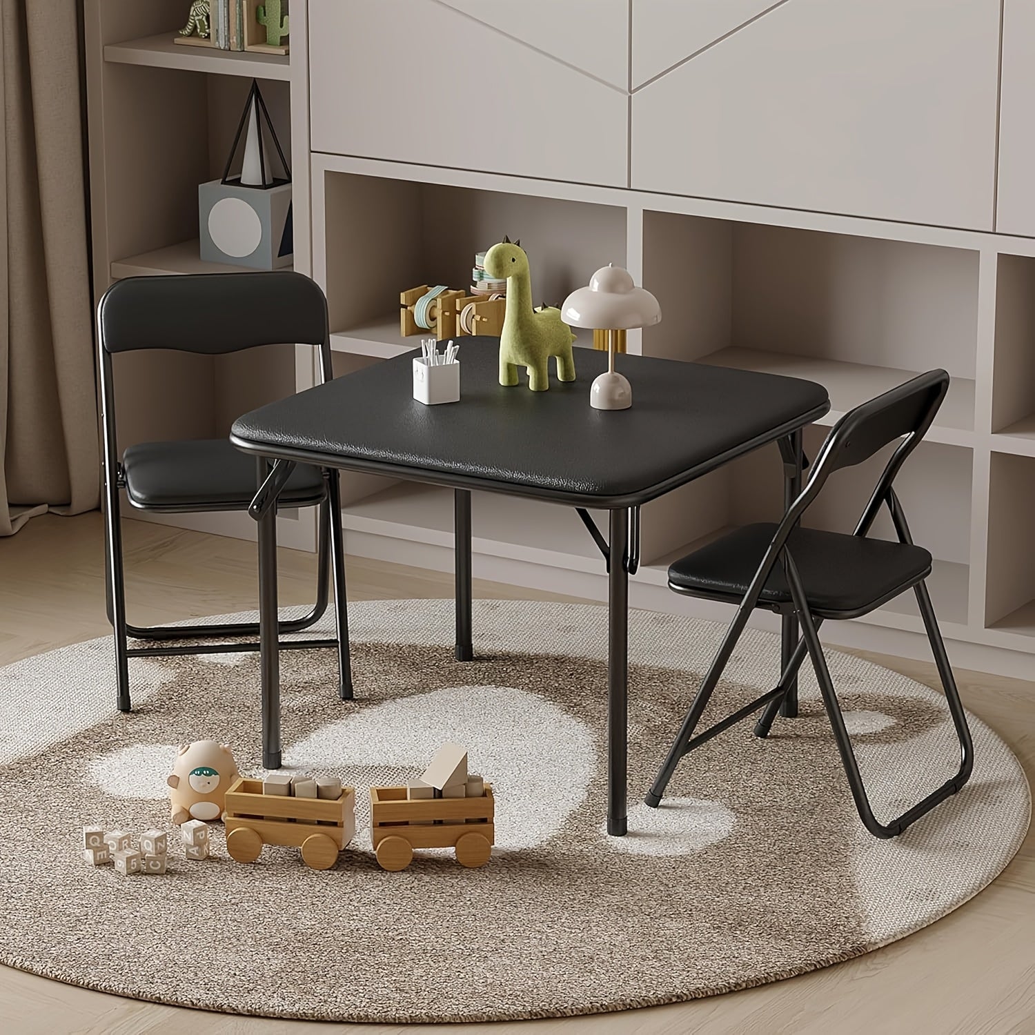 3pcs Folding Square Table And Chair Set, Featuring A Portable Table And Chairs with Ssoft Pu Cushions. No Assembly Is Required, Perfect for Eating, Reading, And Playing