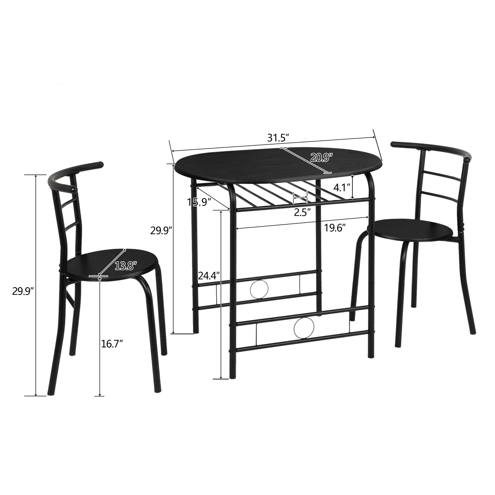 VINGLI 3 Piece Bistro Dining Set, Kitchen Compact Table Breakfast Table, Space-Saving Design Kitchen Wooden Table and 2 Chairs for Small Space\u002FDining Room\u002FApartment,Metal Frame,Wine Rack
