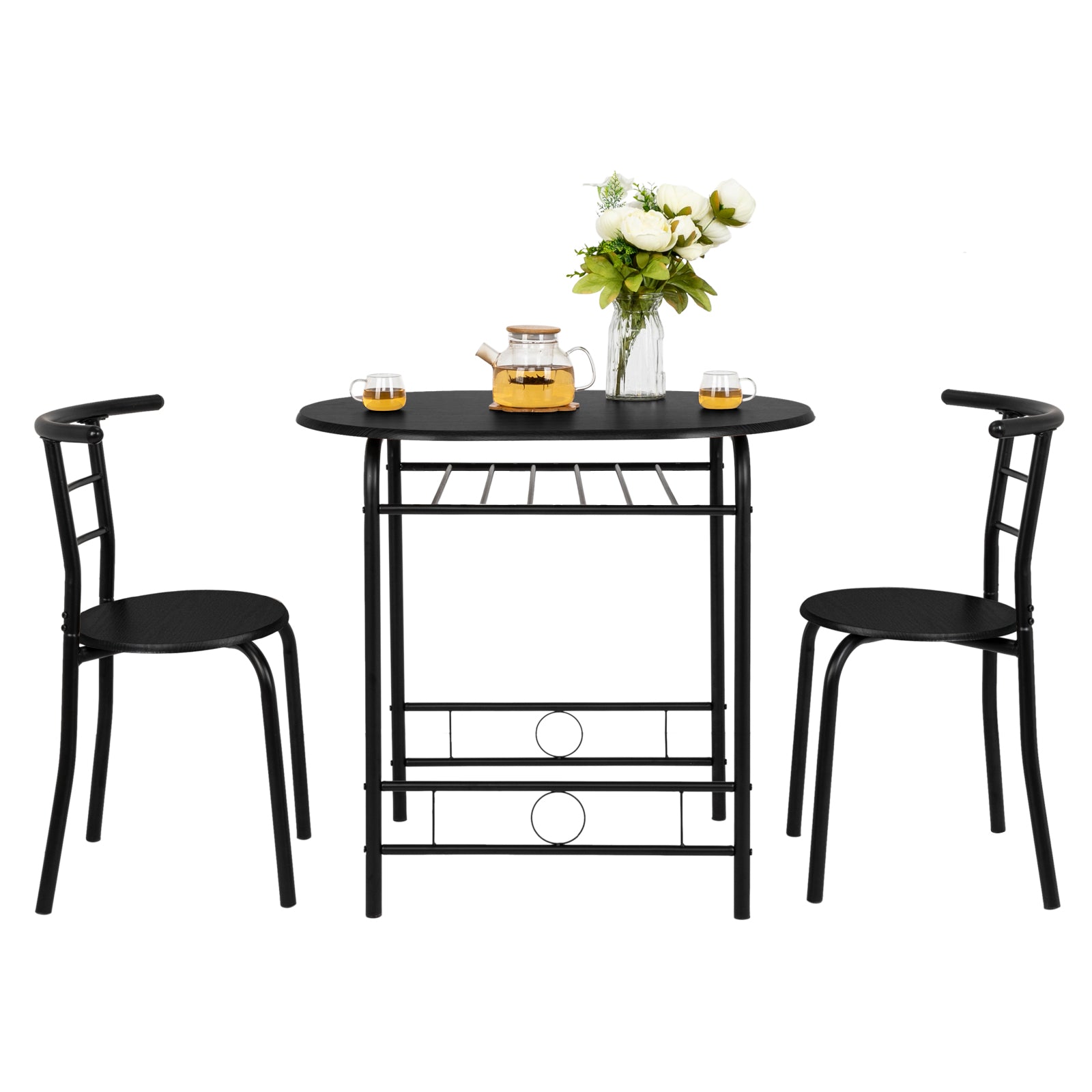VINGLI 3 Piece Bistro Dining Set, Kitchen Compact Table Breakfast Table, Space-Saving Design Kitchen Wooden Table and 2 Chairs for Small Space\u002FDining Room\u002FApartment,Metal Frame,Wine Rack
