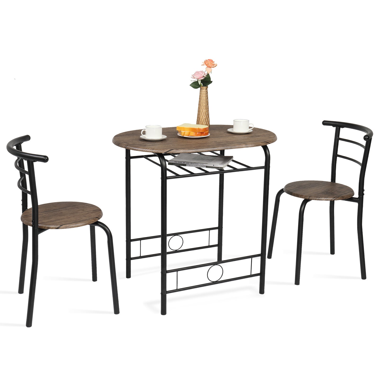 VINGLI 3 Piece Bistro Dining Set, Kitchen Compact Table Breakfast Table, Space-Saving Design Kitchen Wooden Table and 2 Chairs for Small Space\u002FDining Room\u002FApartment,Metal Frame,Wine Rack
