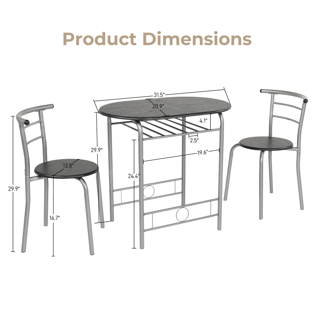 VINGLI 3 Piece Bistro Dining Set, Kitchen Compact Table Breakfast Table, Space-Saving Design Kitchen Wooden Table and 2 Chairs for Small Space\u002FDining Room\u002FApartment,Metal Frame,Wine Rack