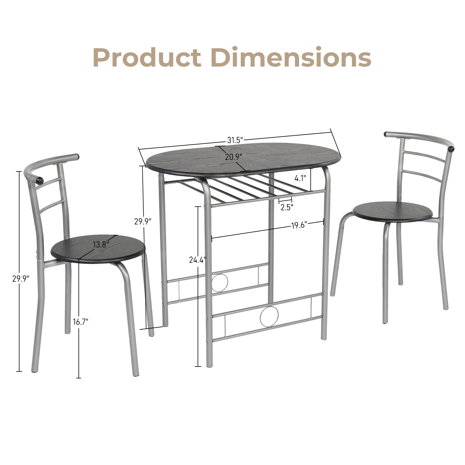 VINGLI 3 Piece Bistro Dining Set, Kitchen Compact Table Breakfast Table, Space-Saving Design Kitchen Wooden Table and 2 Chairs for Small Space\u002FDining Room\u002FApartment,Metal Frame,Wine Rack