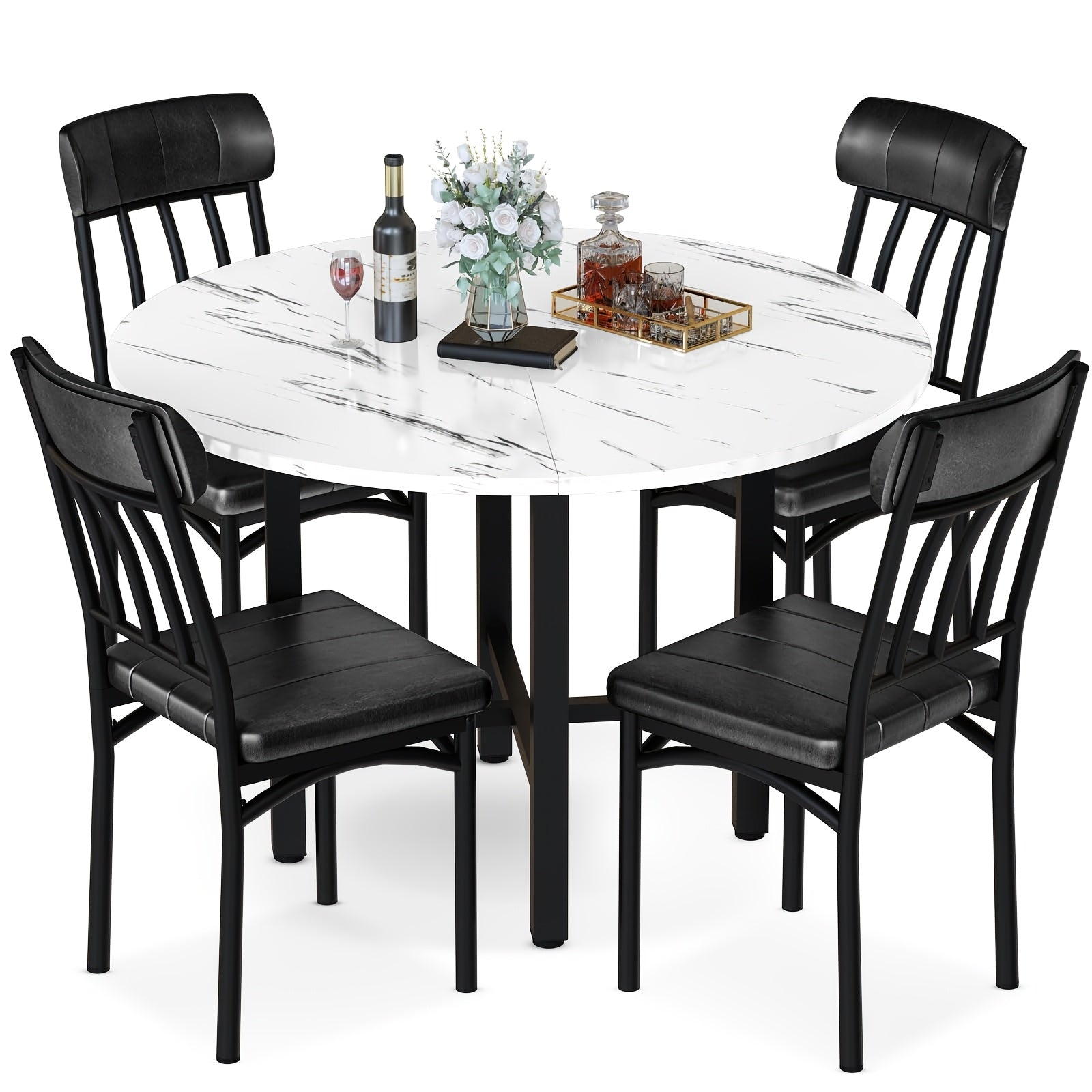 LAMERGE 5pcs Round Dining Table Set, Artificial Imitation Marble Pattern Round Dining Table With 4 Chairs, Metal Frame Structure, Modern Kitchen Table And Chair Set For 4 People, Round Dining Table And Chair Set For Small Space Home Furniture