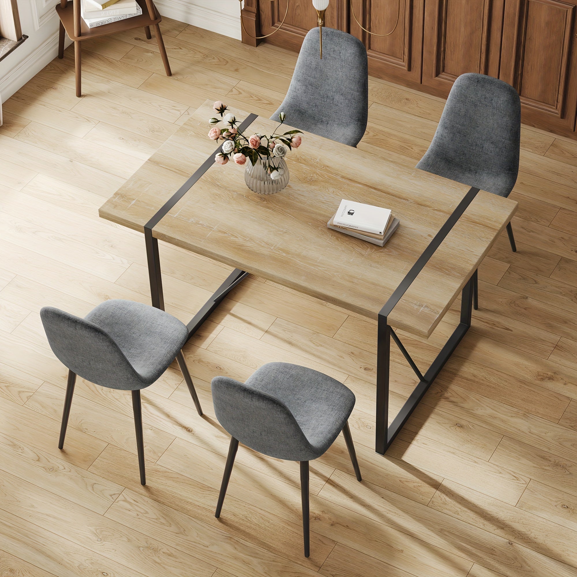 Dining Table Set, Kitchen Table And Chairs Set Of 4, Rustic Brown Table Top Breakfast Table Dining Side Chairs for Kitchen Dining Room, Modern Accent 4 Dining Chairs with Soft Linen Fabric Cushions. Furniture for Home