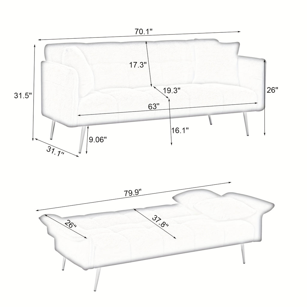 70-inch Teddy Fleece Sofabed, Convertible Futon Sofabed With Adjustable Arms And Backrest