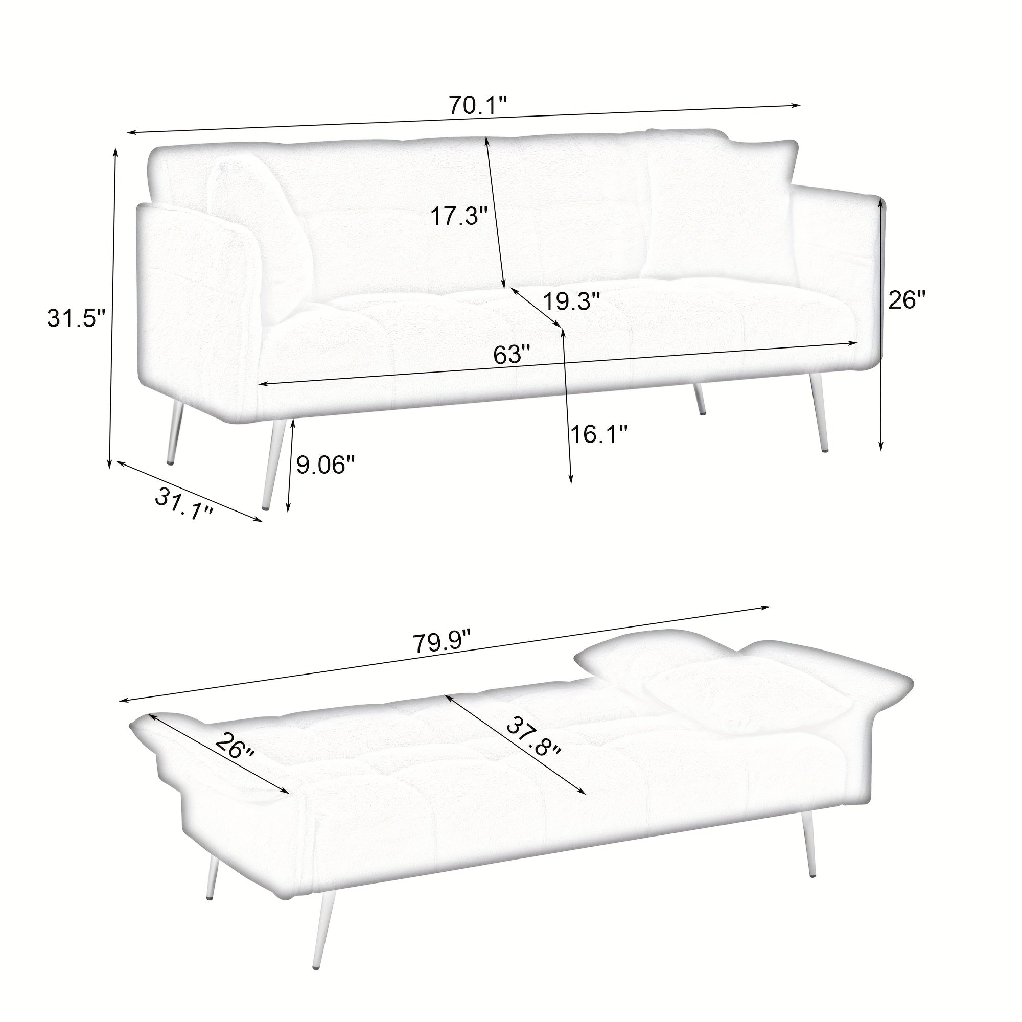 70-inch Teddy Fleece Sofabed, Convertible Futon Sofabed With Adjustable Arms And Backrest