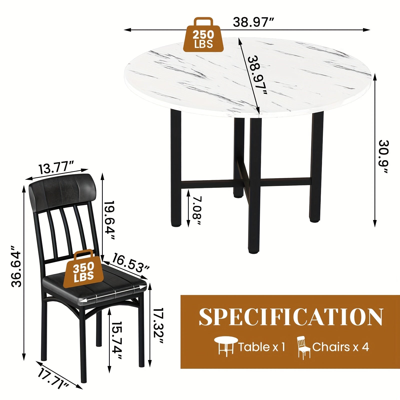 LAMERGE 5pcs Round Dining Table Set, Artificial Imitation Marble Pattern Round Dining Table With 4 Chairs, Metal Frame Structure, Modern Kitchen Table And Chair Set For 4 People, Round Dining Table And Chair Set For Small Space Home Furniture