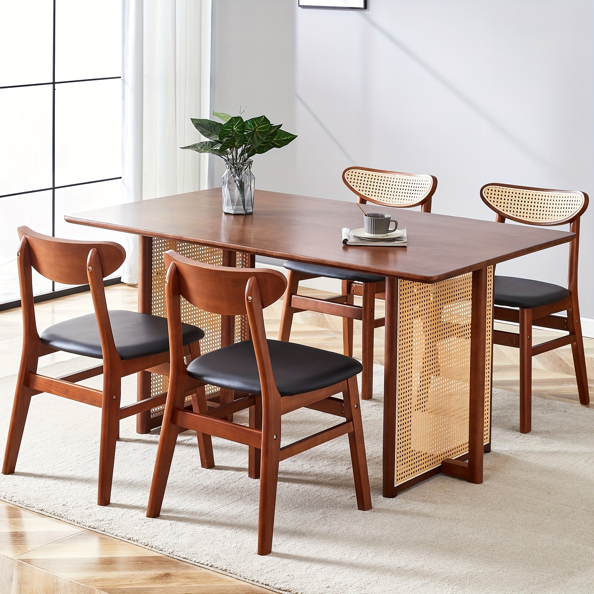 Table And Chair Set, 1 Table And 4 Or 6 Chairs, Mid-Century Modern Table & Chair Set, Kitchen Furniture Set With 4 Or 6 Chairs, Ancient Style Solid Wood Dining Table, Imitation Rattan Table Legs, Farmhouse Style