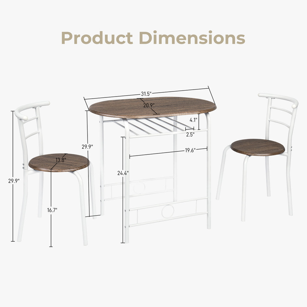 VINGLI 3 Piece Bistro Dining Set, Kitchen Compact Table Breakfast Table, Space-Saving Design Kitchen Wooden Table and 2 Chairs for Small Space\u002FDining Room\u002FApartment,Metal Frame,Wine Rack